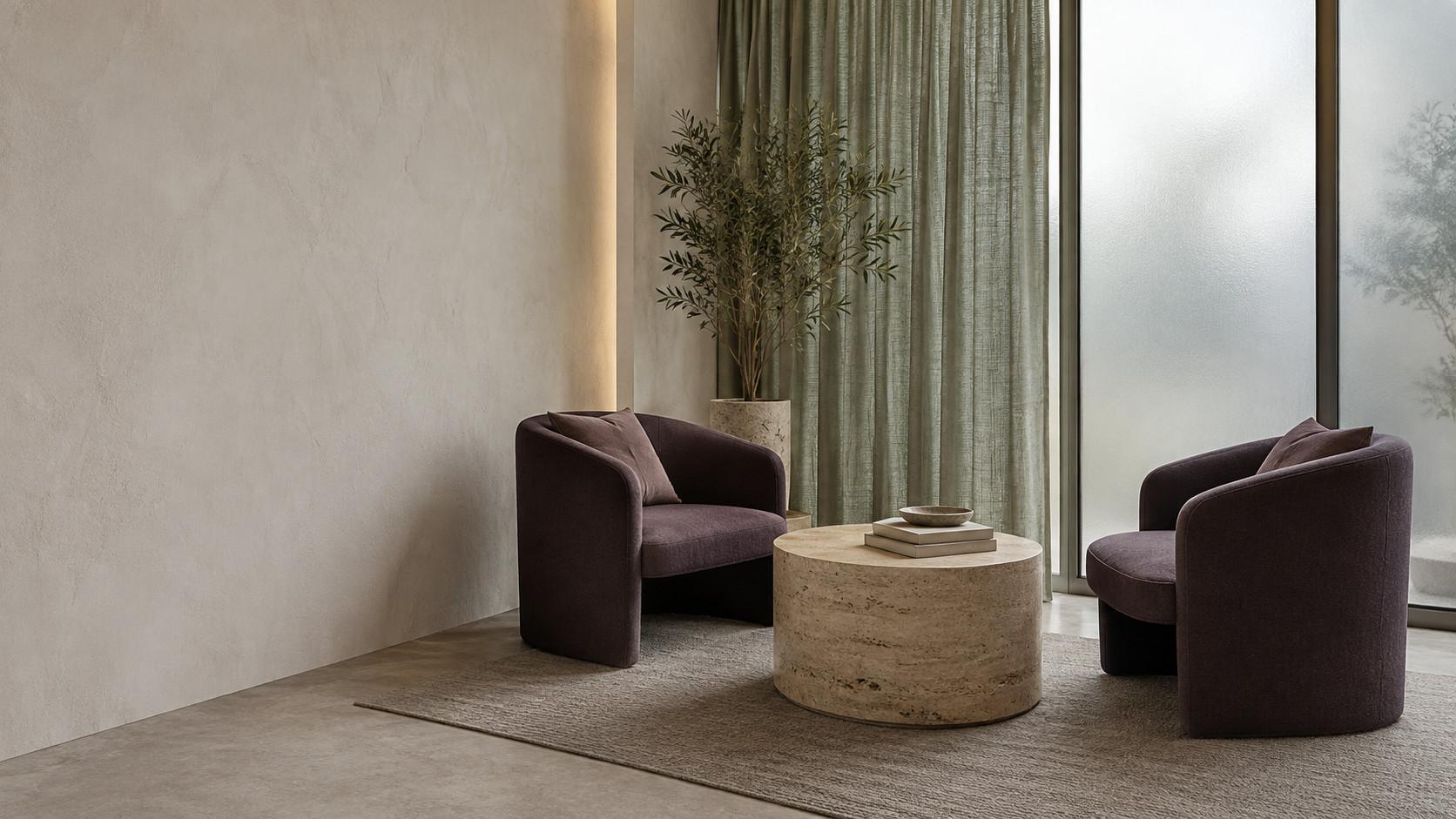 A consultation room: two aubergine armchairs around a travertine table, a sage linen curtain and a frosted glass wall.