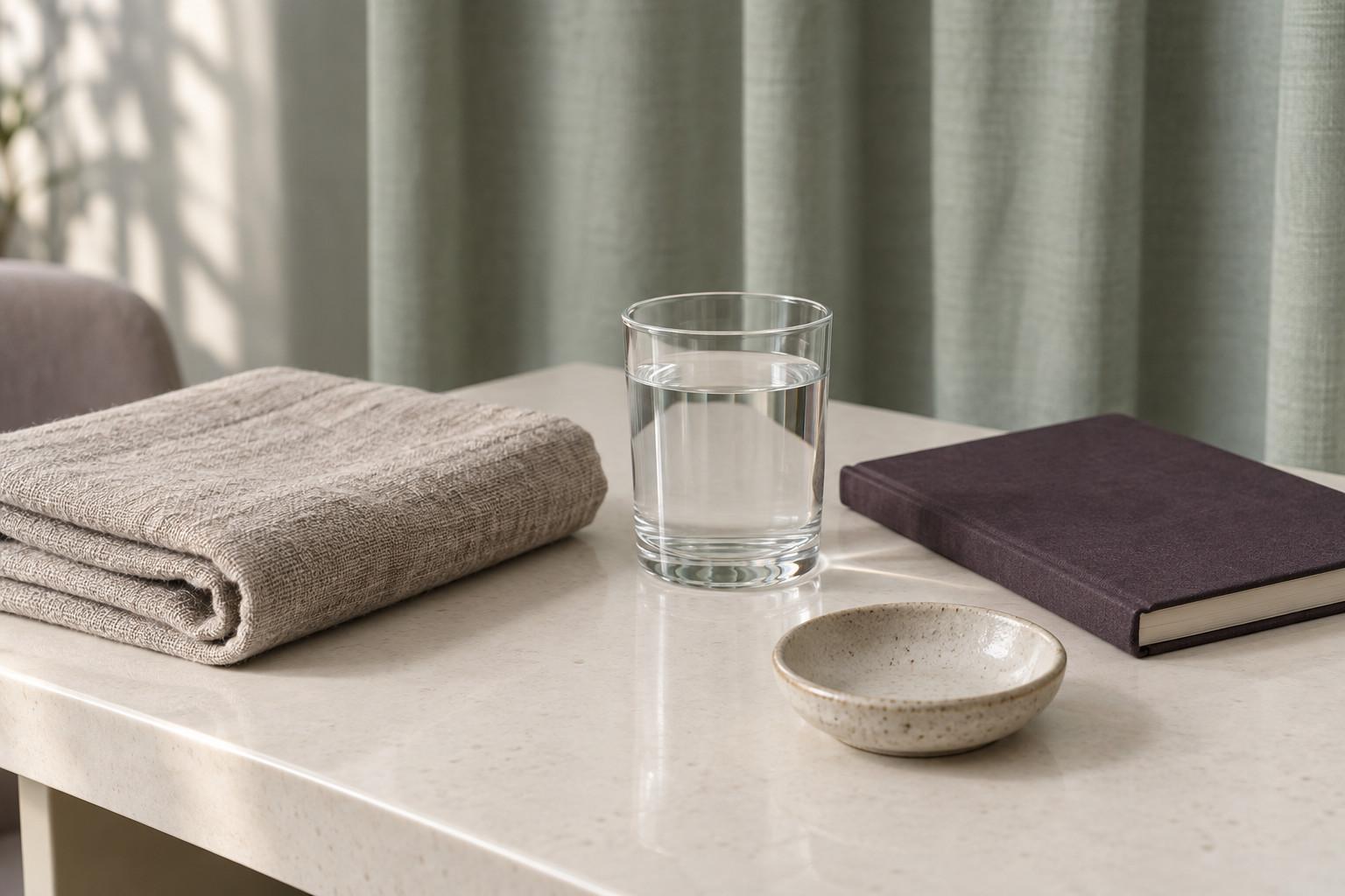 A folded linen towel, a glass of water, a ceramic dish and an aubergine notebook on a stone table.