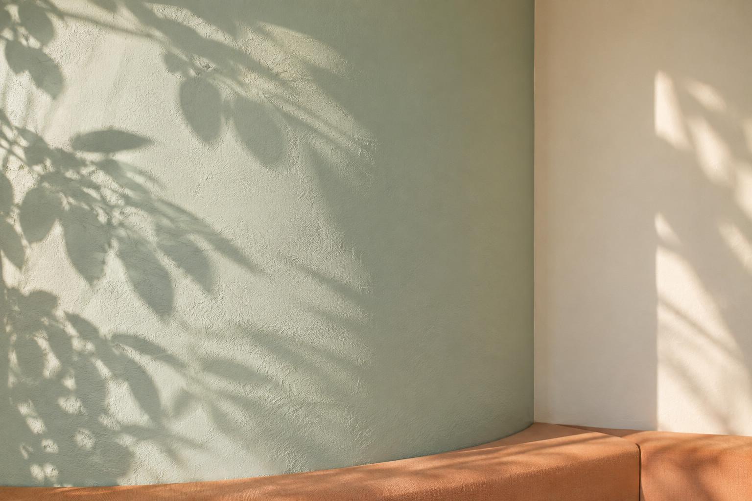 Leaf shadows moving across a curved mint wall above an apricot bench.