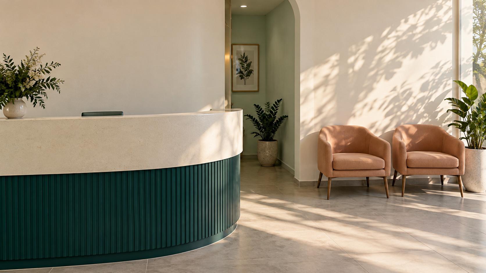 A small reception with a curved cream counter on a deep-teal base, two apricot chairs, and morning sun with leaf shadows across the wall.