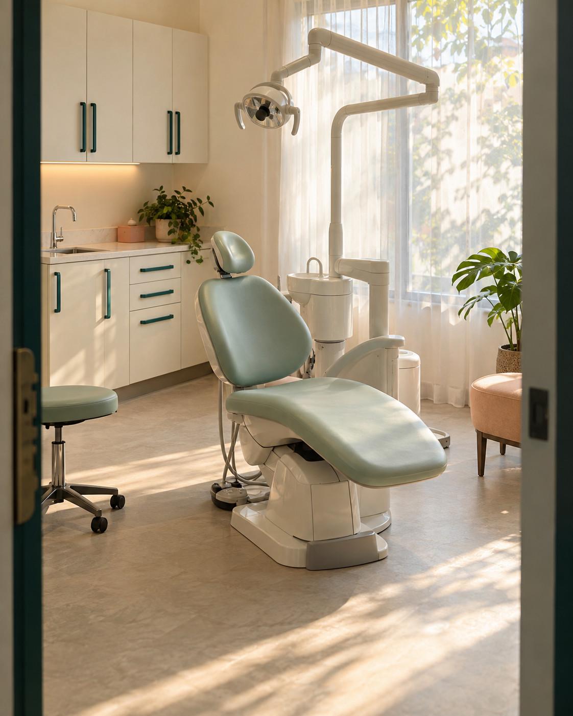 A treatment room with a pale mint dental chair, cream cabinets with teal handles, and a window with a sheer curtain.