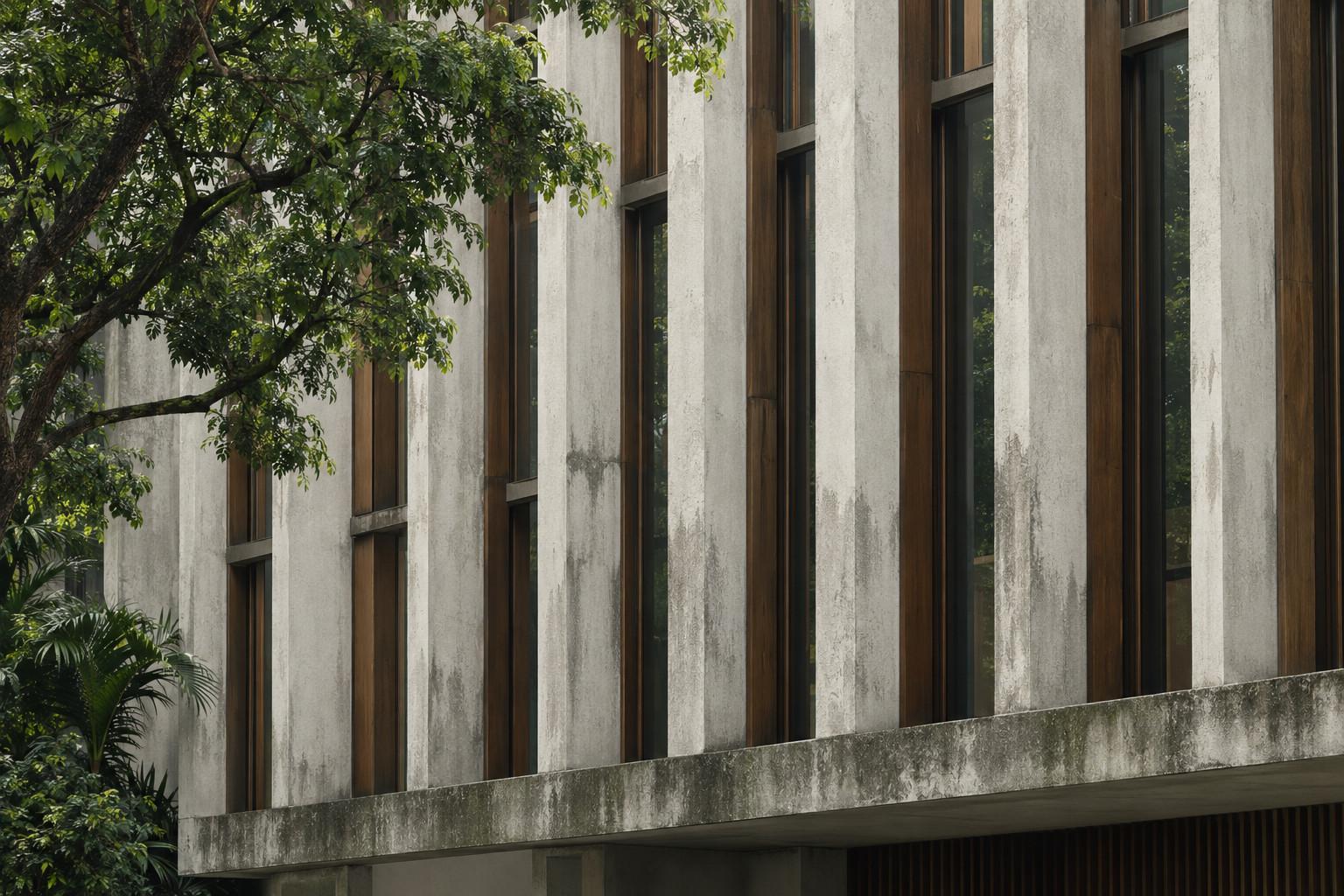 Weathered vertical concrete fins and timber window frames, with rain-tree leaves at the edge.