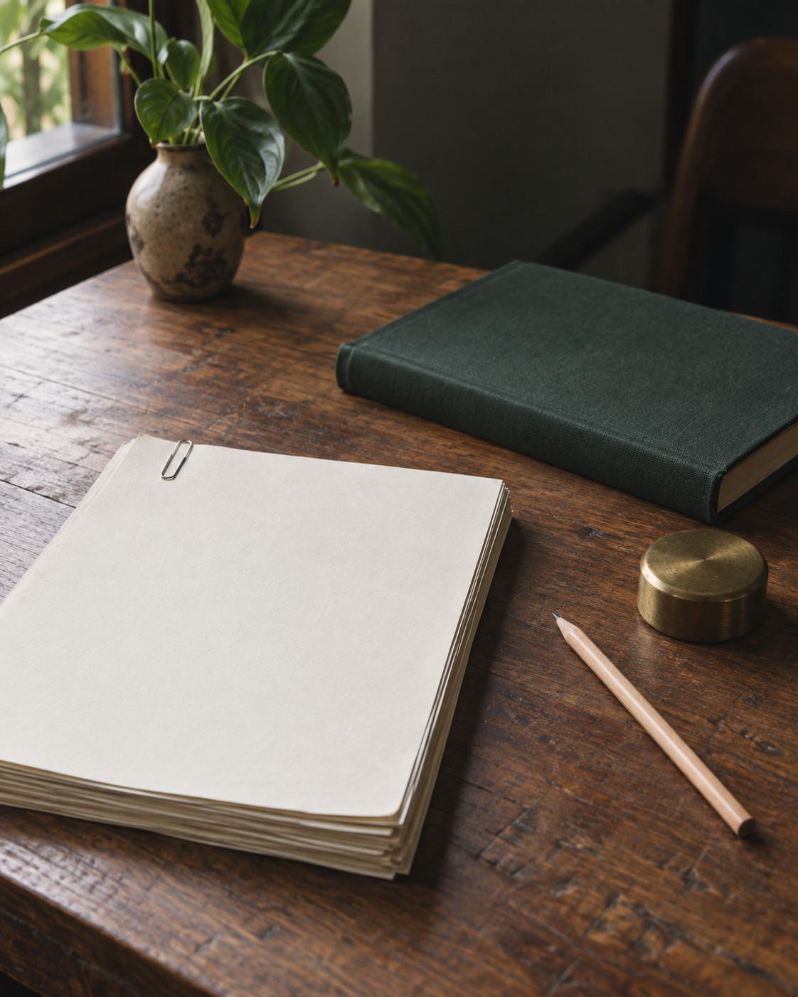 Unmarked papers with a clip, a green clothbound book, a pencil and a brass paperweight on a worn desk.