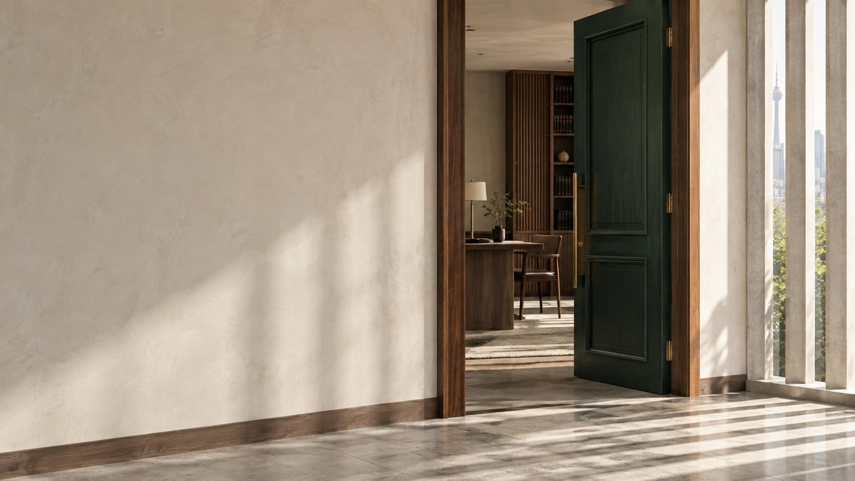 A shaded office entrance: pale plaster, a dark green door ajar, late-morning light falling through vertical concrete fins.