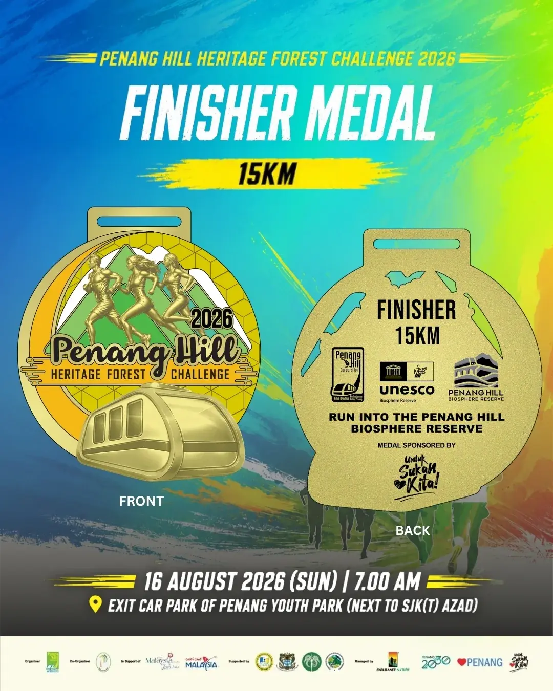 Penang Hill 2026 15 km finisher medal, front and back, with the funicular on its face.