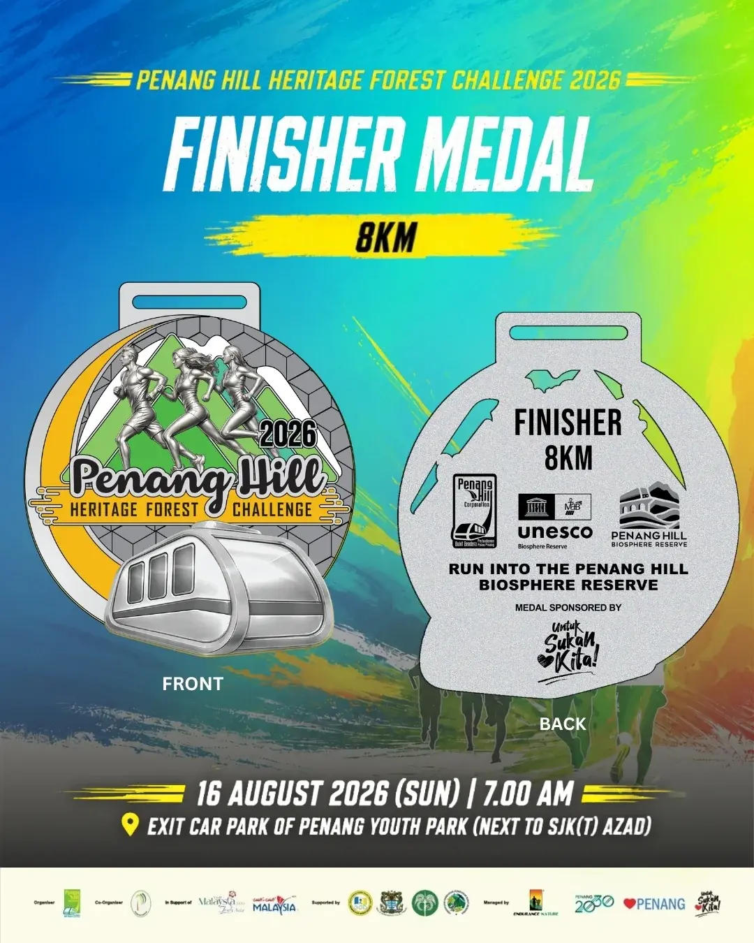 Silver 8 km finisher medal post, front and back.