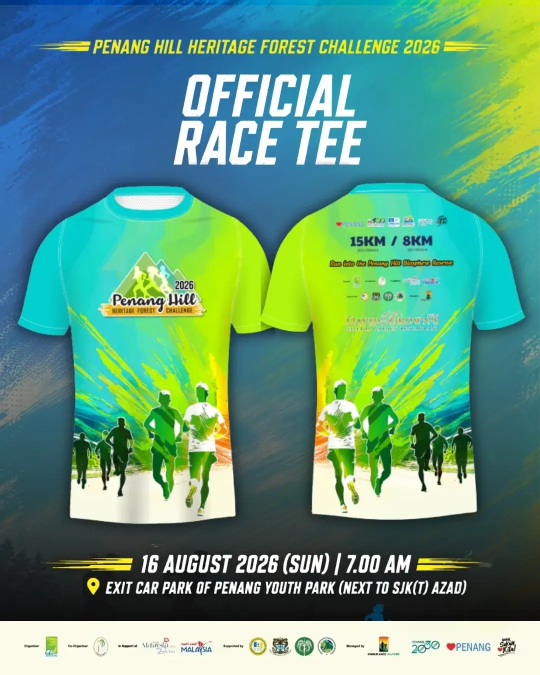 Race tee post: the official teal and green Penang Hill 2026 tee, front and back, with runner silhouettes.