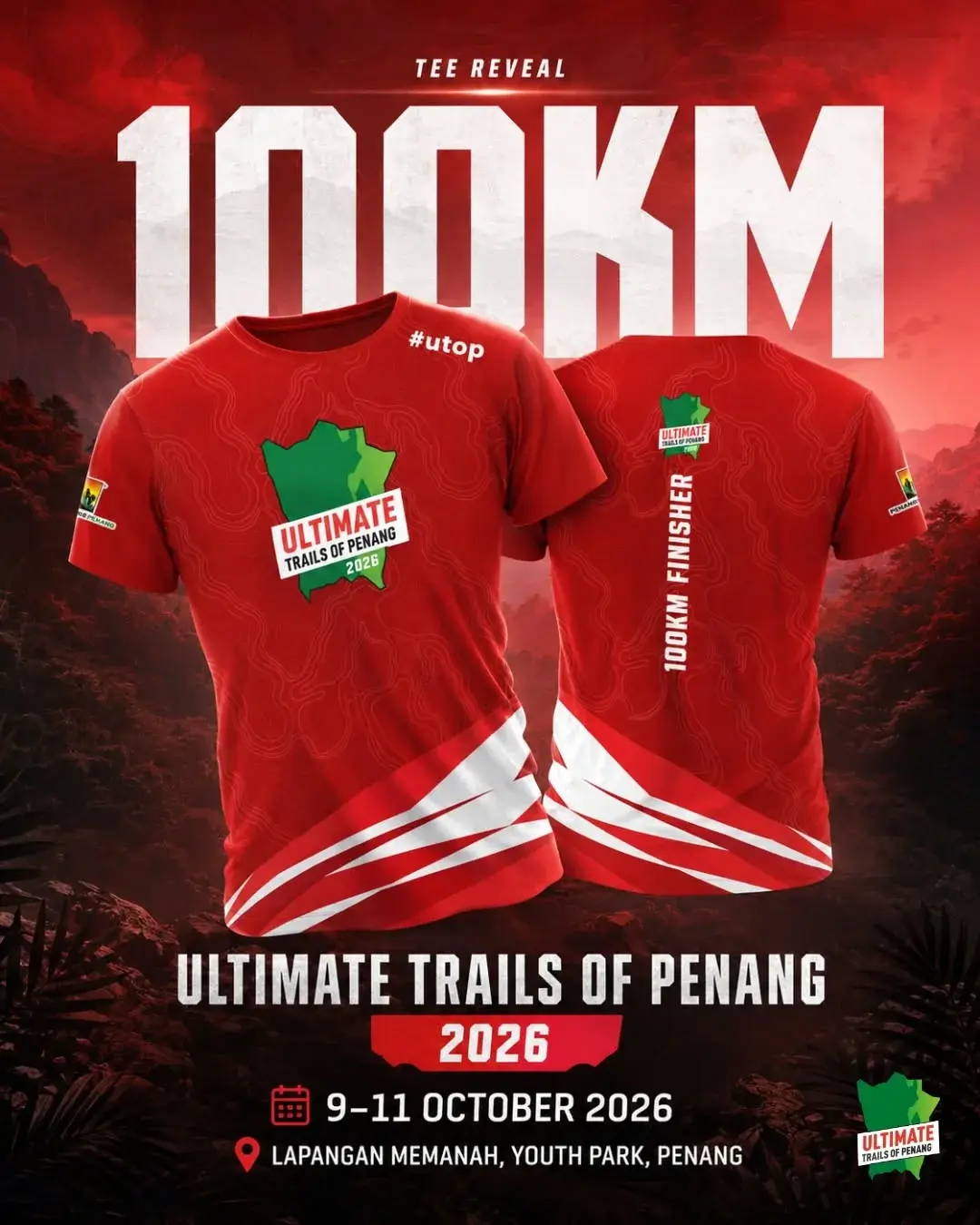 Tee reveal post for the 100 KM category: a red race tee, front and back, against red forest light.
