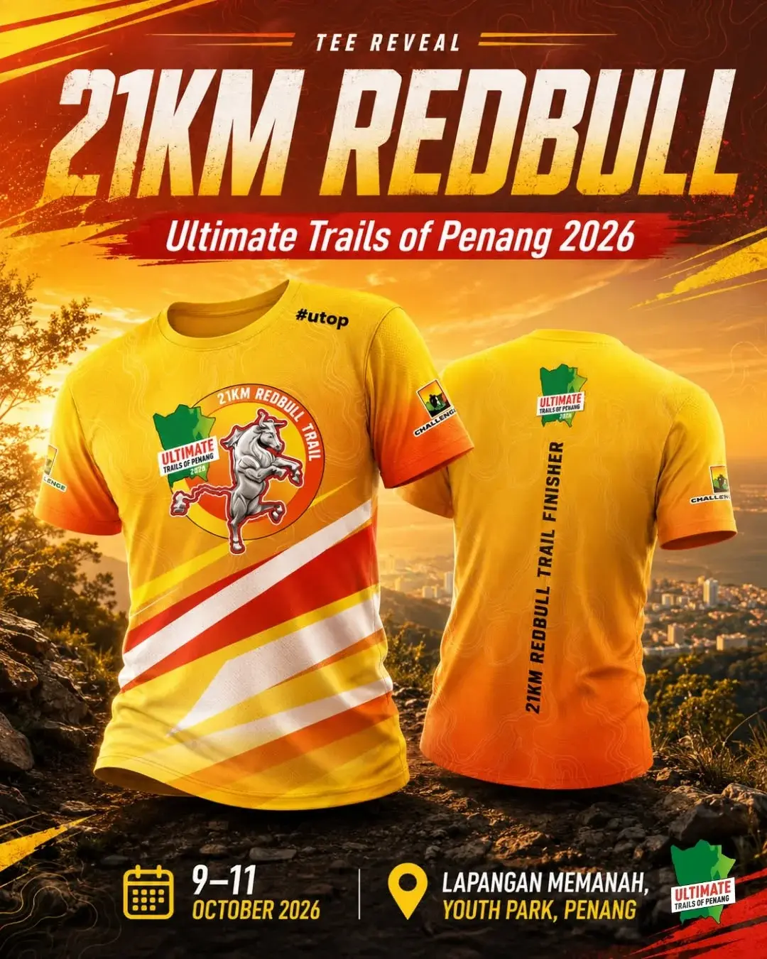 Tee reveal post for the 21 KM Red Bull category: an orange and yellow race tee with the Red Bull trail emblem.