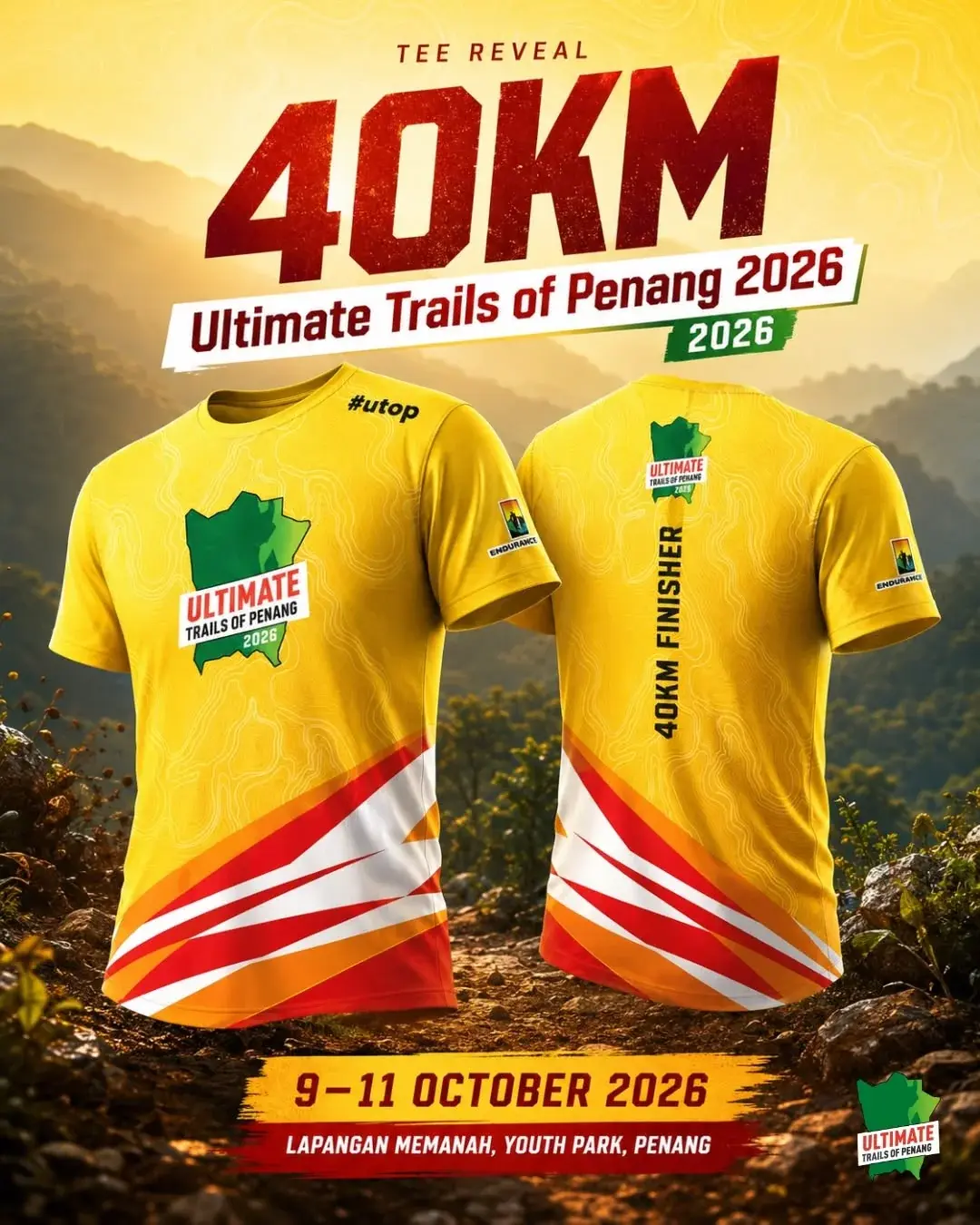 Tee reveal post for the 40 KM category: a yellow race tee with red stripes, front and back.