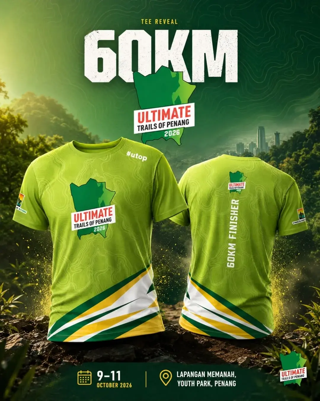 Tee reveal post for the 60 KM category: a lime green race tee, front and back, on a green hillside.