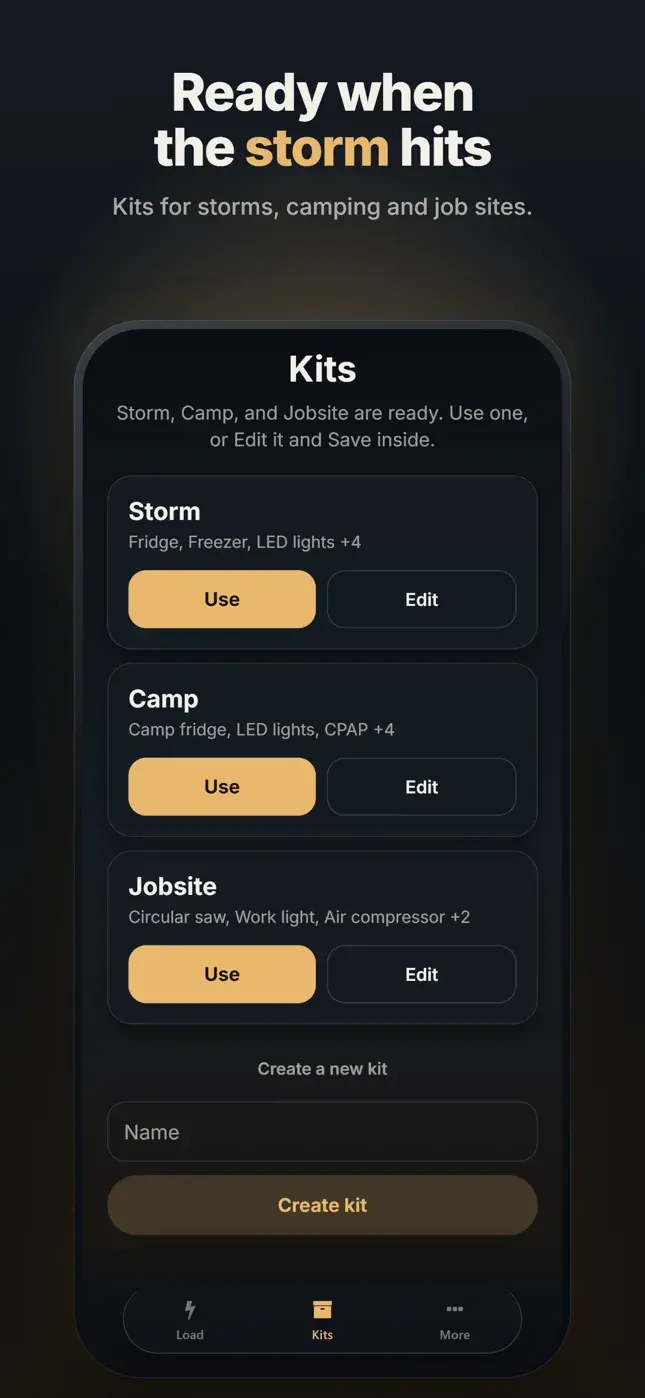Kits for storms, camping and job sites
