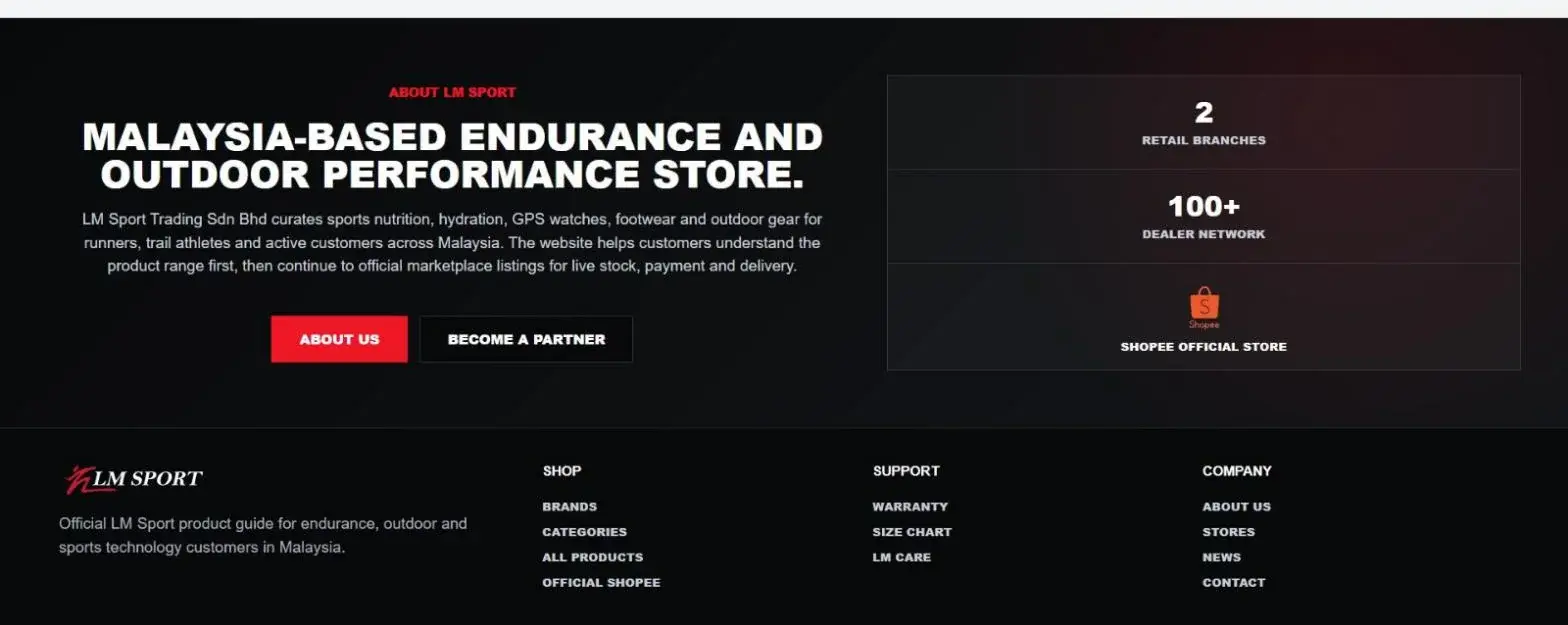 About and footer: Two branches, a hundred-plus dealers, and the official Shopee store.