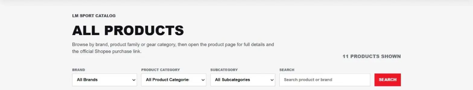 Catalogue: Filter by brand, category or subcategory, or just search.