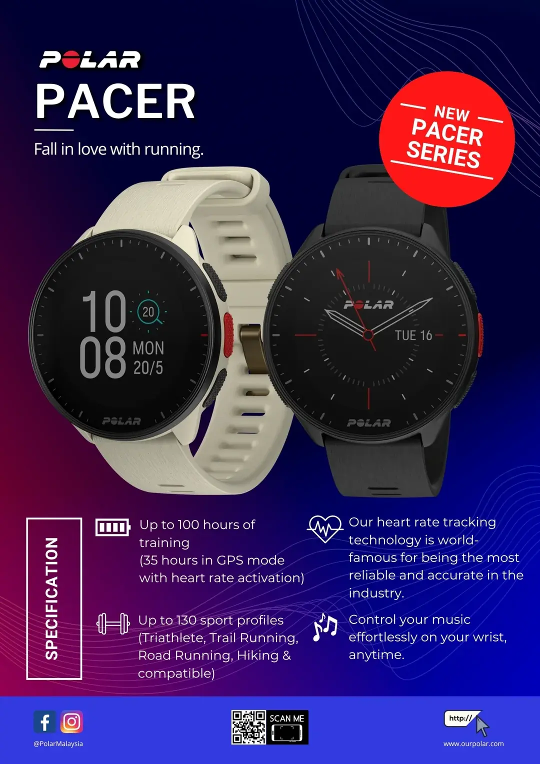 Polar Pacer launch poster: a white and a black Pacer on a blue-violet background, with battery life and sport-profile specs.