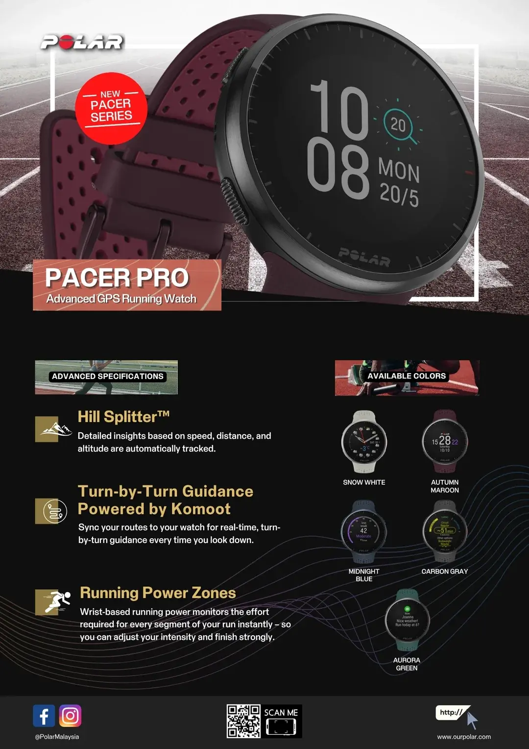 Polar Pacer Pro poster: a maroon watch over a running track, with Hill Splitter, turn-by-turn guidance, running power and four colours.