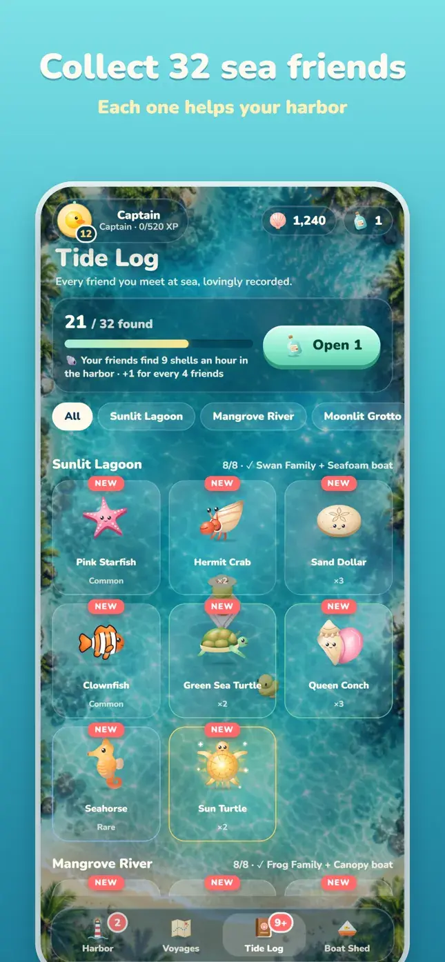 Collect 32 sea friends in the Tide Log